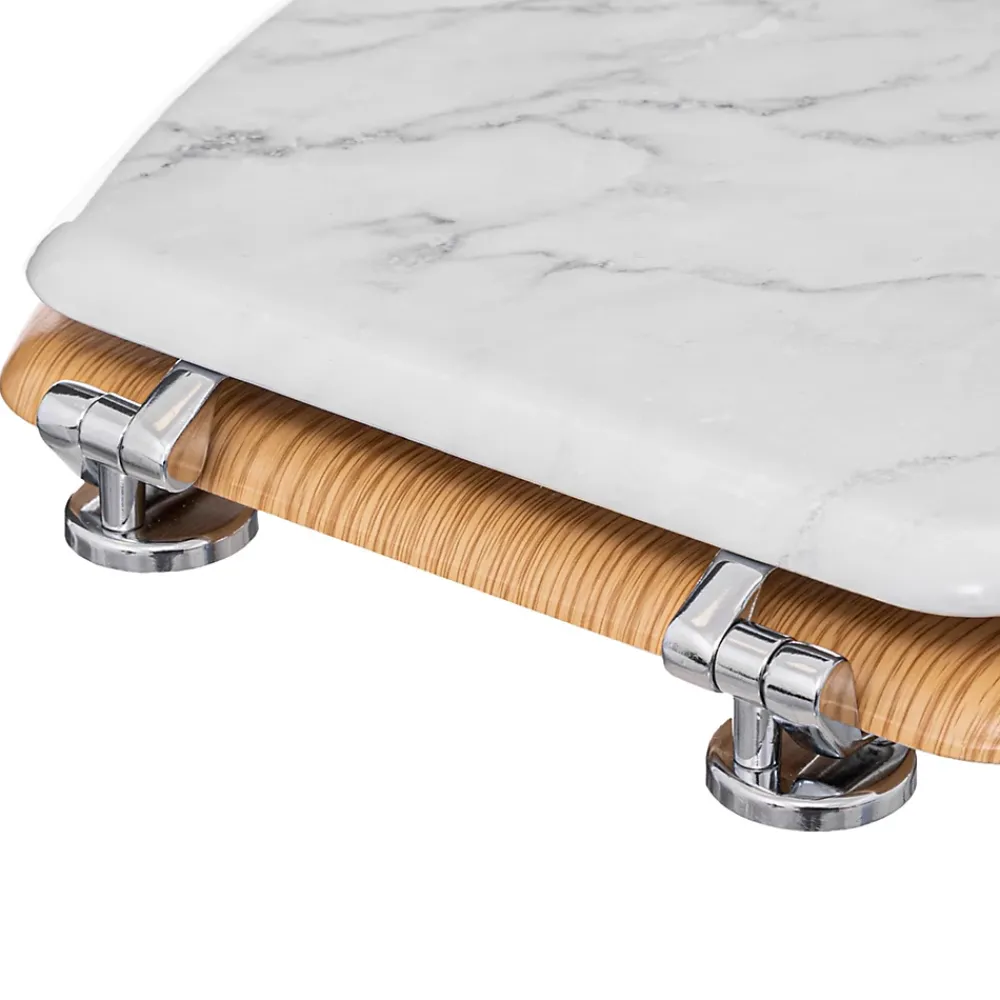 Abattant Wc|5Five Abattant WC coloris effet marbre blanc et lunette effet bois à fermeture standard, Léa