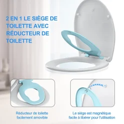 Todot Abattant WC Familial forme Ovale avec Siège Enfant Bleu Magnétique Retirable et Frein de Chute