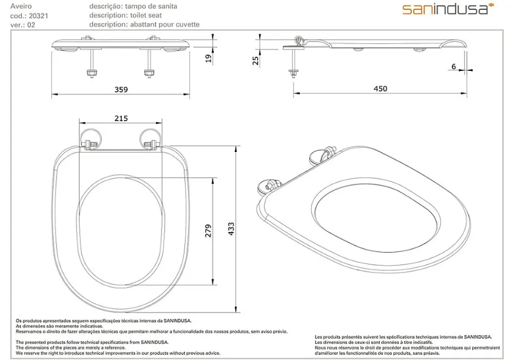 Sanindusa Abattant WC pour WC Aveiro ABS blanc (non universel)