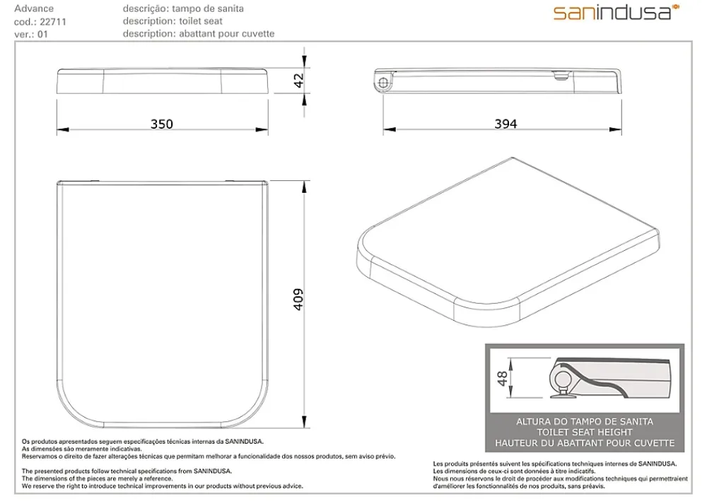 Sanindusa Abattant WC pour WC Advance blanc (non universel)