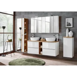 Plan Double Vasque|Meublorama Accessoire mural NALYA 57 cm Blanc brillant et chene clair Elément suspendu compact