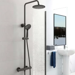 Colonne De Douche Thermostatique|AICA Sanitaire AICA Colonne de douche thermostatique noire mate, avec douche de tête ronde et douchette à main réglable en plusieurs modes
