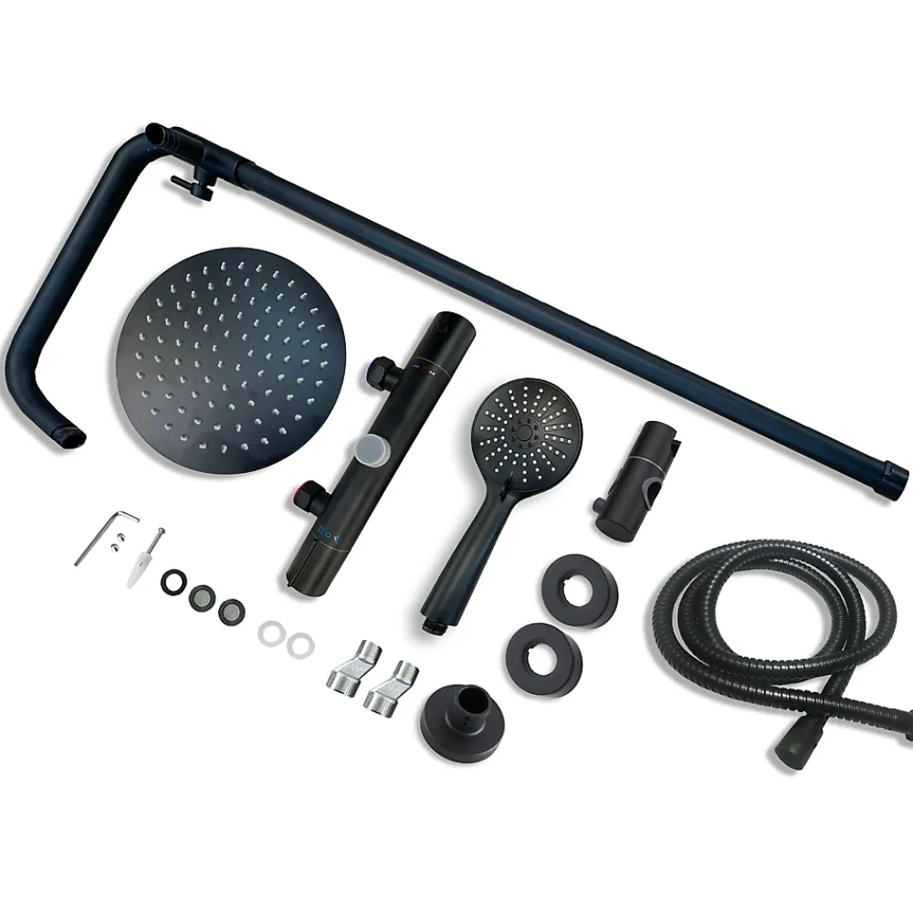 Colonne De Douche Thermostatique|AICA Sanitaire AICA Colonne de douche thermostatique noire mate, avec douche de tête ronde et douchette à main réglable en plusieurs modes