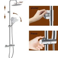 AICA Sanitaire AICA colonne de douche thermostatique avec douche de tête ronde de 250 mm, douchette à main 3 fonctions, hauteur réglable