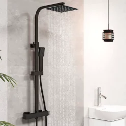 AICA Sanitaire AICA colonne de douche thermostatique avec pomme de tête, douchette et flexible,noir mat, Carré