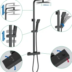 AICA Sanitaire AICA colonne de douche thermostatique avec pomme de tête, douchette et flexible,noir mat, Carré