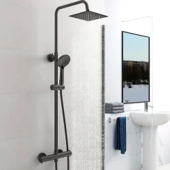 Colonne De Douche Thermostatique|AICA Sanitaire AICA colonne de douche thermostatique noir mat avec douche de tête carrée, réglable selon plusieurs modes, réglable en hauteur