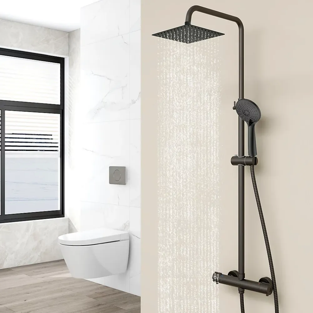 Colonne De Douche Thermostatique|AICA Sanitaire AICA colonne de douche thermostatique noir mat avec douche de tête carrée, réglable selon plusieurs modes, réglable en hauteur