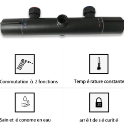 Colonne De Douche Thermostatique|AICA Sanitaire AICA colonne de douche thermostatique noir mat avec douche de tête carrée, réglable selon plusieurs modes, réglable en hauteur