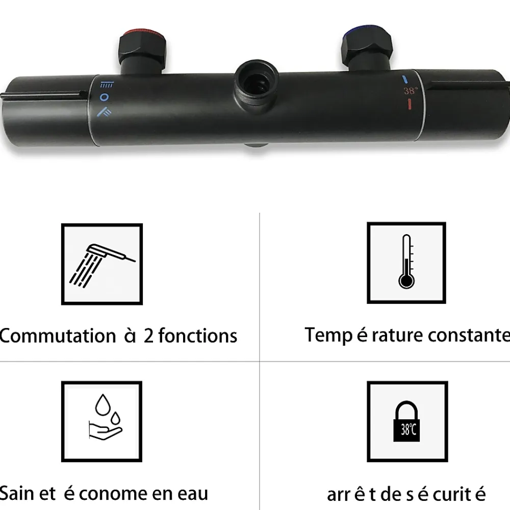 Colonne De Douche Thermostatique|AICA Sanitaire AICA colonne de douche thermostatique noir mat avec douche de tête carrée, réglable selon plusieurs modes, réglable en hauteur
