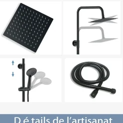 Colonne De Douche Thermostatique|AICA Sanitaire AICA colonne de douche thermostatique noir mat avec douche de tête carrée, réglable selon plusieurs modes, réglable en hauteur