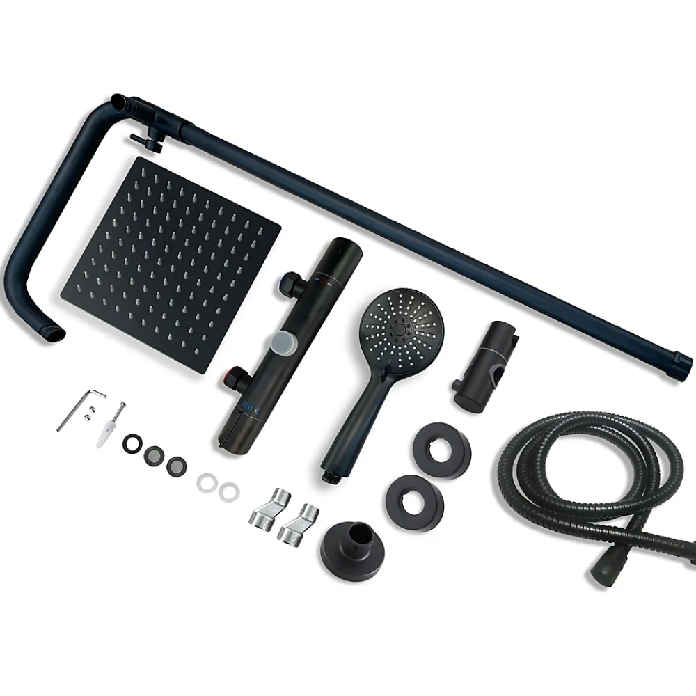 Colonne De Douche Thermostatique|AICA Sanitaire AICA colonne de douche thermostatique noir mat avec douche de tête carrée, réglable selon plusieurs modes, réglable en hauteur