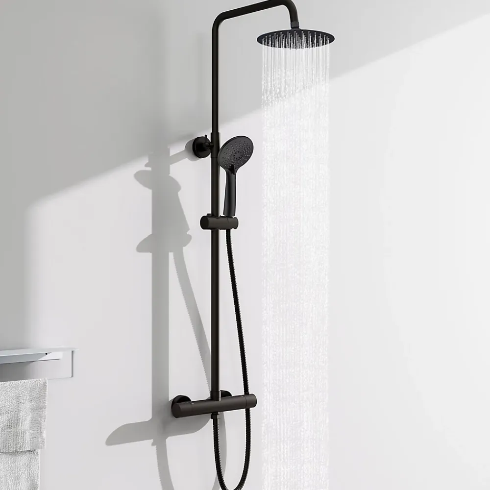 Colonne De Douche Thermostatique|AICA Sanitaire AICA colonne de douche thermostatique avec douche de tête ronde de 200 mm, douchette à main 3 fonctions, noir,hauteur réglable