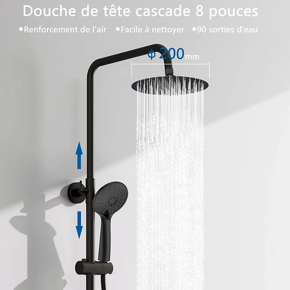 Colonne De Douche Thermostatique|AICA Sanitaire AICA colonne de douche thermostatique avec douche de tête ronde de 200 mm, douchette à main 3 fonctions, noir,hauteur réglable