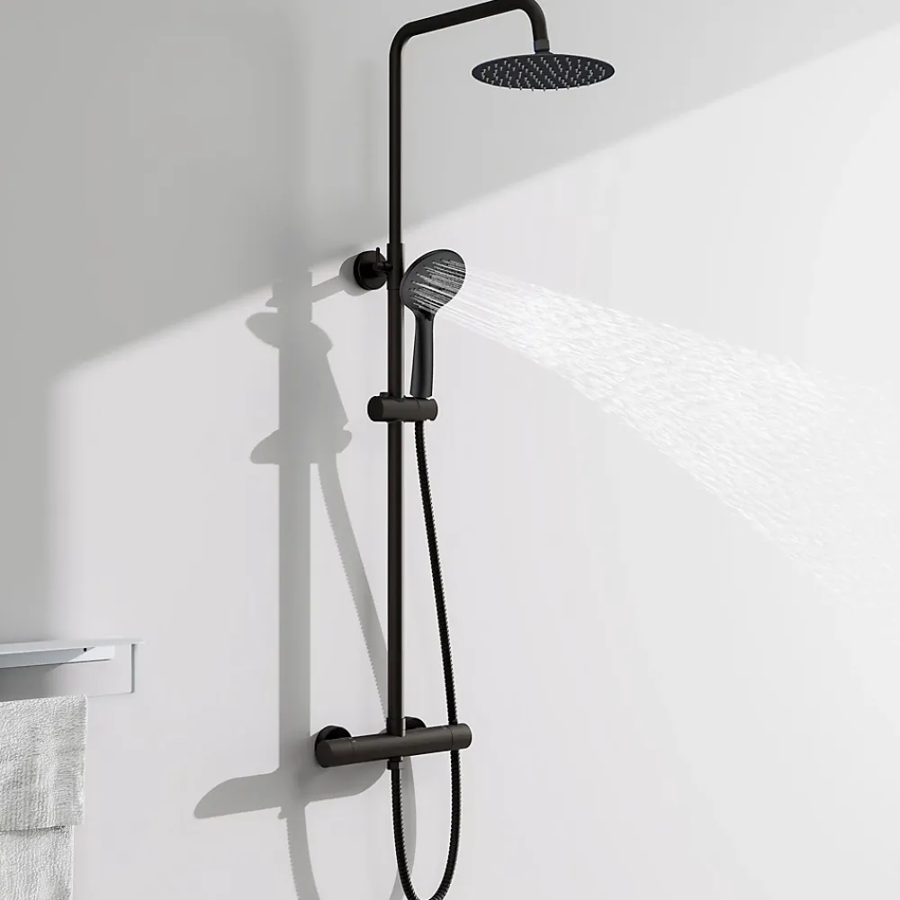 Colonne De Douche Thermostatique|AICA Sanitaire AICA colonne de douche thermostatique avec douche de tête ronde de 200 mm, douchette à main 3 fonctions, noir,hauteur réglable