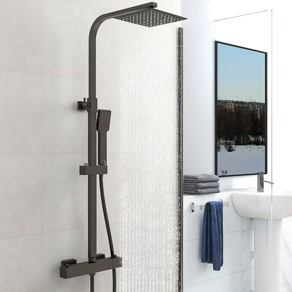 Colonne De Douche Thermostatique|AICA Sanitaire AICA colonne de douche thermostatique noir mat avec douche de tête carrée 20X20cm, réglable en hauteur 730-1150mm