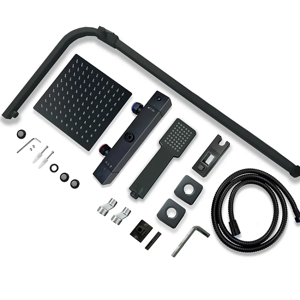 Colonne De Douche Thermostatique|AICA Sanitaire AICA colonne de douche thermostatique noir mat avec douche de tête carrée 20X20cm, réglable en hauteur 730-1150mm