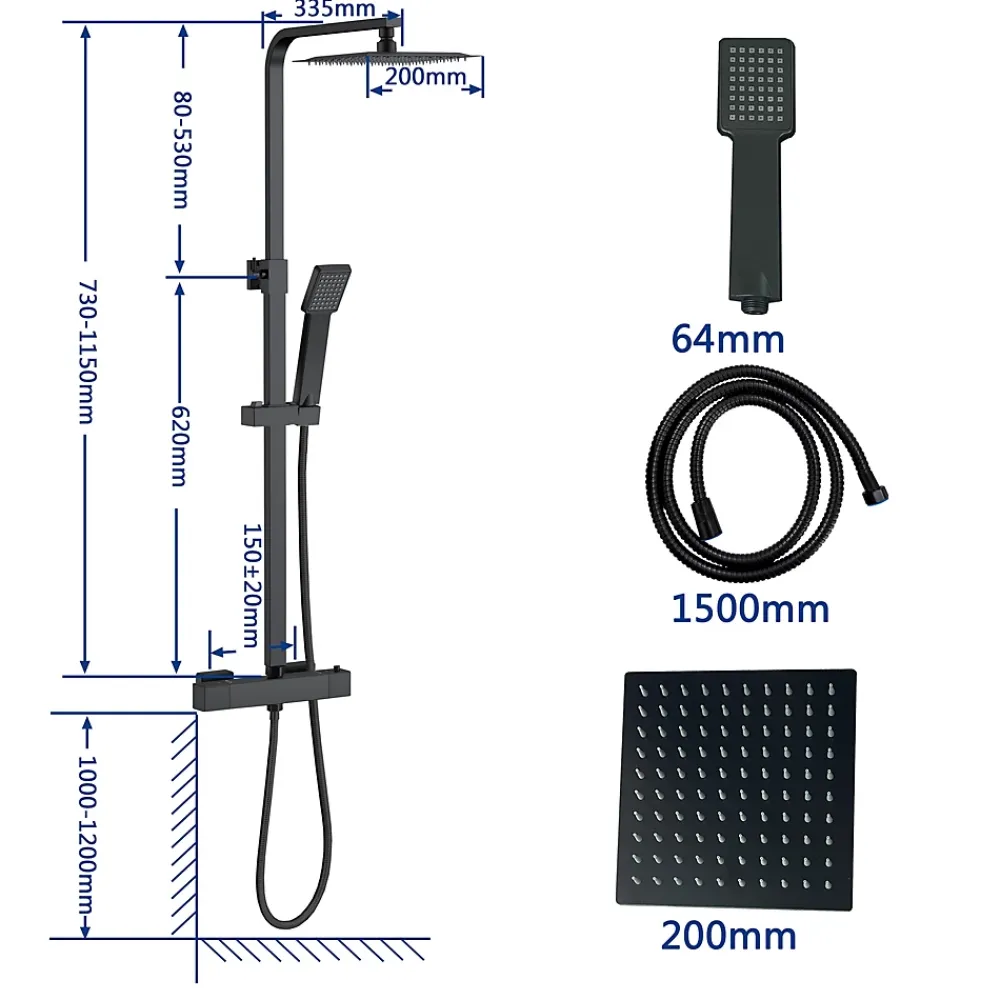 Colonne De Douche Thermostatique|AICA Sanitaire AICA colonne de douche thermostatique noir mat avec douche de tête carrée 20X20cm, réglable en hauteur 730-1150mm