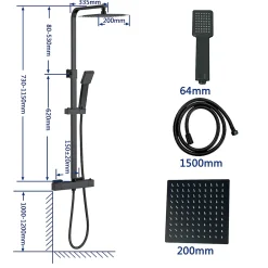 AICA Sanitaire AICA colonne de douche thermostatique noir mat avec douche de tête carrée 20X20cm, réglable en hauteur 730-1150mm