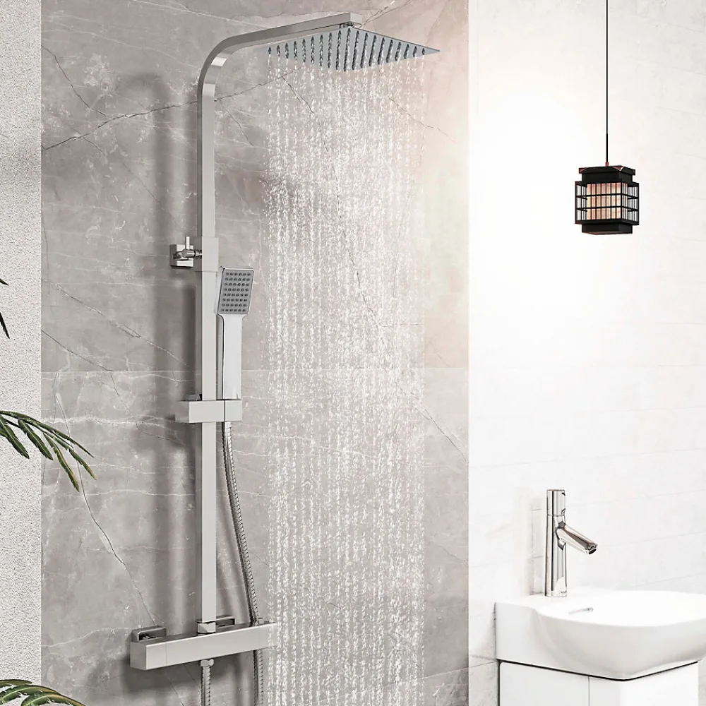 Colonne De Douche Thermostatique|AICA Sanitaire AICA colonne de douche thermostatique avec pomme de tête, douchette et flexible,effet chromé,Carré