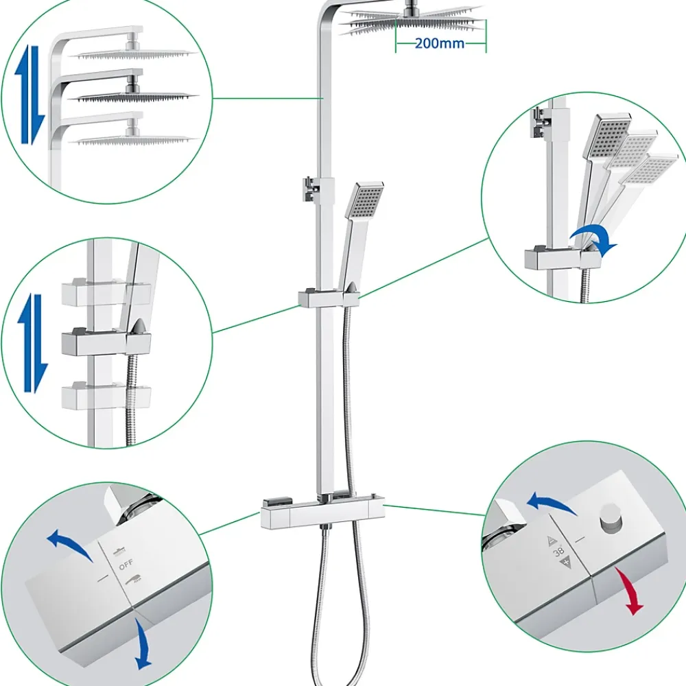 Colonne De Douche Thermostatique|AICA Sanitaire AICA colonne de douche thermostatique avec pomme de tête, douchette et flexible,effet chromé,Carré