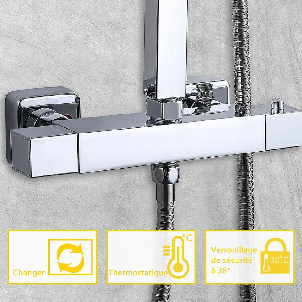 Colonne De Douche Thermostatique|AICA Sanitaire AICA colonne de douche thermostatique noir mat avec douche de tête carrée 20X20cm, réglable en hauteur 730-1150mm