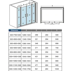 AICA Sanitaire Aica Porte De Douche Battante 150x197cm Porte Battante Avec 2 éléments Fixes En 6mm Verre Anticalcaire