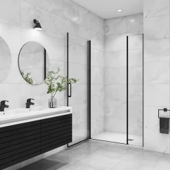 Porte De Douche|AICA Sanitaire AICA porte de douche pivotante 120x200cm avec un élément fixe Porte de douche noire Hauteur 200cm en 8mm verre anticalcaire