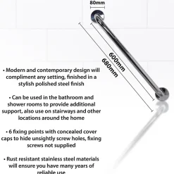 Barre D'Appui|Aidapt VY472P - Barre d'appui en acier inoxydable au fini poli - 600mm