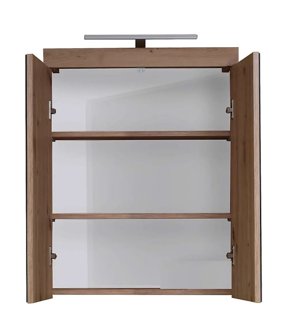 Trend Team AMANDA - Armoire de toilette murale mélaminé avec bandeau lumineux blanc/chêne - 2 portes miroir. L - H - P : 60 - 77 - 17 cm