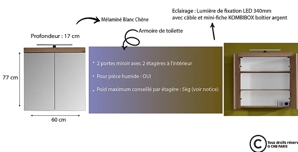 Trend Team AMANDA - Armoire de toilette murale mélaminé avec bandeau lumineux blanc/chêne - 2 portes miroir. L - H - P : 60 - 77 - 17 cm