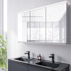 Bernstein Amoire de toilette MFC 3 portes miroirs, éclairage LED, prise de courant intérieure + 4 tablettes verre, 120x71x19cm (LxHxP), VARO