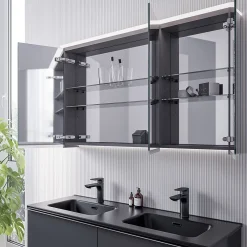 Bernstein Amoire de toilette MFC 3 portes miroirs, éclairage LED, prise de courant intérieure + 4 tablettes verre, 120x71x19cm (LxHxP), VARO