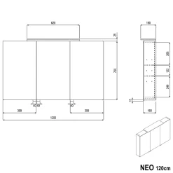 Bernstein Amoire de toilette suspendue 120x19x72,5cm (LxPxH), 3 portes mirroir, éclairage LED + prise électrique, Charnières mobiles, NEO