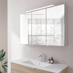 Armoire De Toilette|Bernstein Amoire de toilette suspendue 100x19x72,5cm (LxPxH), 3 portes mirroir, éclairage LED + prise électrique, Charnières mobiles, NEO