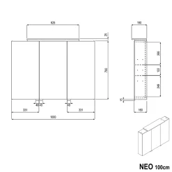 Armoire De Toilette|Bernstein Amoire de toilette suspendue 100x19x72,5cm (LxPxH), 3 portes mirroir, éclairage LED + prise électrique, Charnières mobiles, NEO