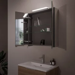Armoire De Toilette|Bernstein Amoire de toilette suspendue 60x19x72,5cm (LxPxH), 2 portes mirroir, éclairage LED + prise électrique, Charnières mobiles, NEO