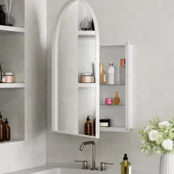 ProximaX Armoire à miroir cintrée blanche avec cadre métal, armoire murale à étagères réglables, rangement salle de bain, salon ou chambre