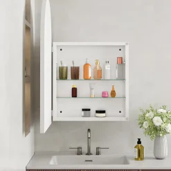 ProximaX Armoire à miroir cintrée blanche avec cadre métal, armoire murale à étagères réglables, rangement salle de bain, salon ou chambre