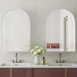 ProximaX Armoire à miroir cintrée blanche avec cadre métal, armoire murale à étagères réglables, rangement salle de bain, salon ou chambre