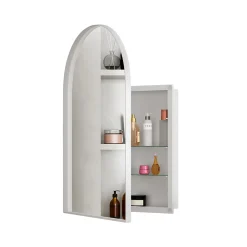 ProximaX Armoire à miroir cintrée blanche avec cadre métal, armoire murale à étagères réglables, rangement salle de bain, salon ou chambre