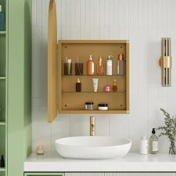 ProximaX Armoire à miroir cintrée dorée avec cadre métal, armoire murale à étagères réglables, rangement salle de bain, salon ou chambre