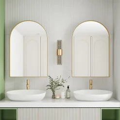 ProximaX Armoire à miroir cintrée dorée avec cadre métal, armoire murale à étagères réglables, rangement salle de bain, salon ou chambre