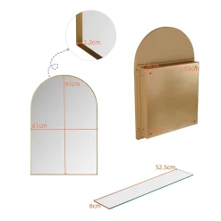 ProximaX Armoire à miroir cintrée dorée avec cadre métal, armoire murale à étagères réglables, rangement salle de bain, salon ou chambre