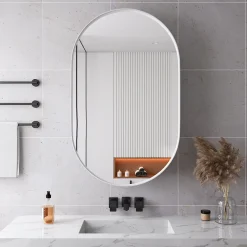 ProximaX Armoire à miroir ovale blanche avec cadre métal, armoire murale à étagères réglables, rangement salle de bain, salon ou chambre