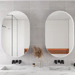 ProximaX Armoire à miroir ovale blanche avec cadre métal, armoire murale à étagères réglables, rangement salle de bain, salon ou chambre