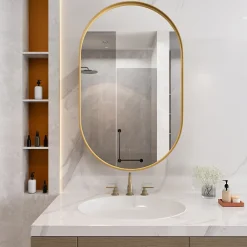 ProximaX Armoire à miroir ovale dorée avec cadre métal, armoire murale à étagères réglables, rangement salle de bain, salon ou chambre