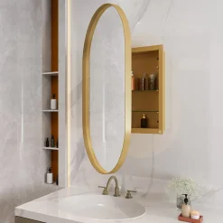 ProximaX Armoire à miroir ovale dorée avec cadre métal, armoire murale à étagères réglables, rangement salle de bain, salon ou chambre