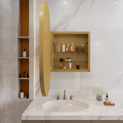 ProximaX Armoire à miroir ovale dorée avec cadre métal, armoire murale à étagères réglables, rangement salle de bain, salon ou chambre