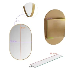ProximaX Armoire à miroir ovale dorée avec cadre métal, armoire murale à étagères réglables, rangement salle de bain, salon ou chambre